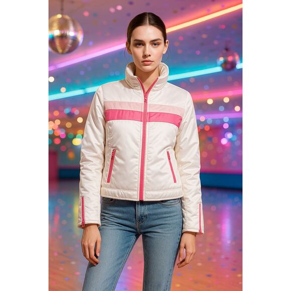 Retro White & Pink Zip Jacket – Size Small - Picture 1 of 16